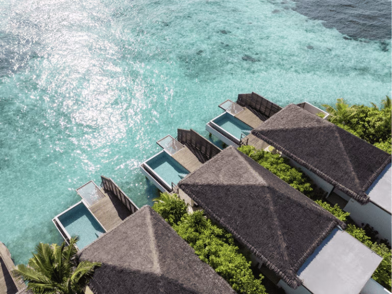 DusitD2 Feydhoo Maldives close up drone villas occean